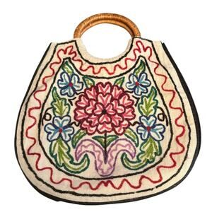 Vtg Crewel Embroidered Floral Bamboo Handles Boho Purse Bag